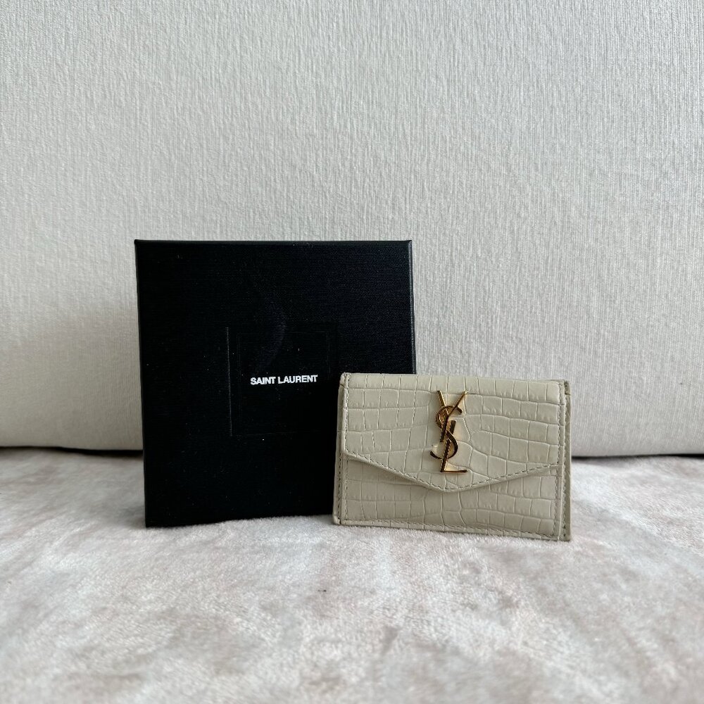 Saint Laurent White Croc Embossed Leather Uptown Card Holder Wallet